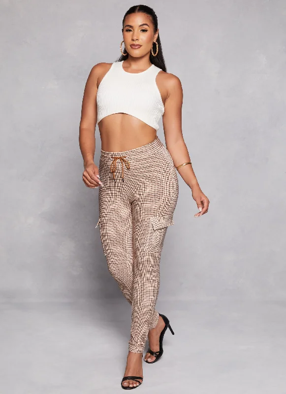 Women's Stylish Outdoor Outfit Chic Wardrobe Essentials Plaid Drawstring Cargo Pocket Skinny Leg Pants Women's Stylish Outdoor Outfit Chic Wardrobe Essentials Plaid Drawstring Cargo Pocket Skinny Leg Pants