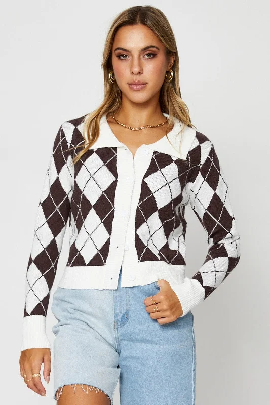 Women's Comfortable Lounge Attire Seasonal Sale Check Knit Cardigan Long Sleeve Collared Women's Comfortable Lounge Attire Seasonal Sale Check Knit Cardigan Long Sleeve Collared