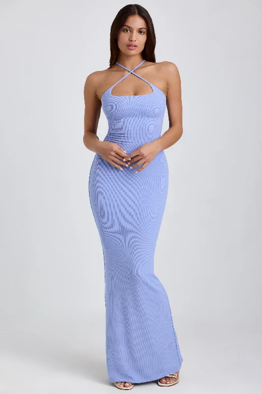 Casual and Comfortable Outfits Chic And Trendy Ribbed Modal Halterneck Maxi Dress in Bluebell