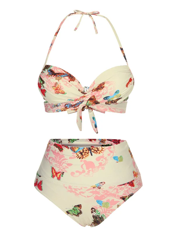 Urban Femme Streetwear Graceful Movement Pink 1940s Butterfly Back Lace Up Halter Swimsuit Urban Femme Streetwear Graceful Movement Pink 1940s Butterfly Back Lace Up Halter Swimsuit