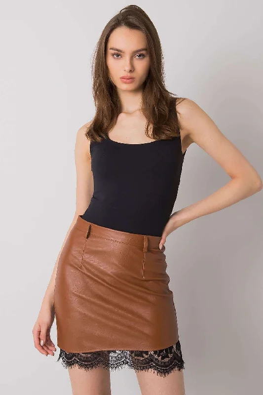 Italy Moda Faux Leather Lace Accent Mini Skirt In Brown