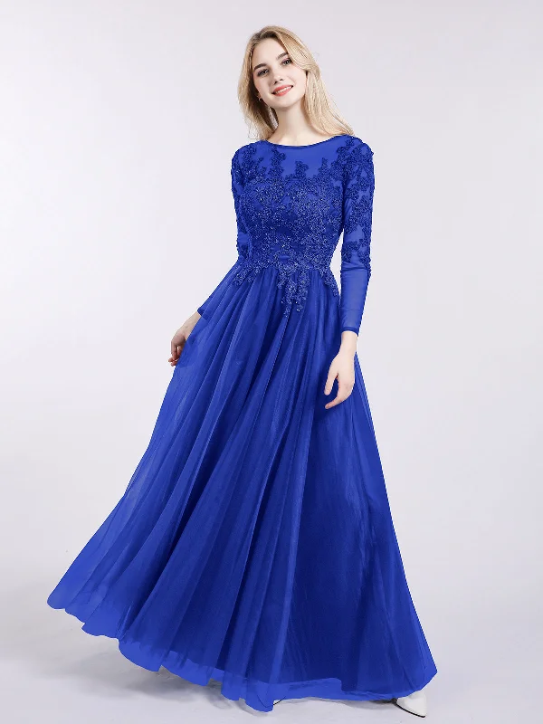 Comfortable Women's Apparel Classic Women's Fashion Tulle with Appliqued Long Sleeves Dress-Royal Blue Comfortable Women's Apparel Classic Women's Fashion Tulle with Appliqued Long Sleeves Dress-Royal Blue