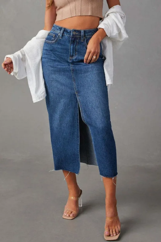 Hot Girl Slit Raw Hem Midi Denim Skirt