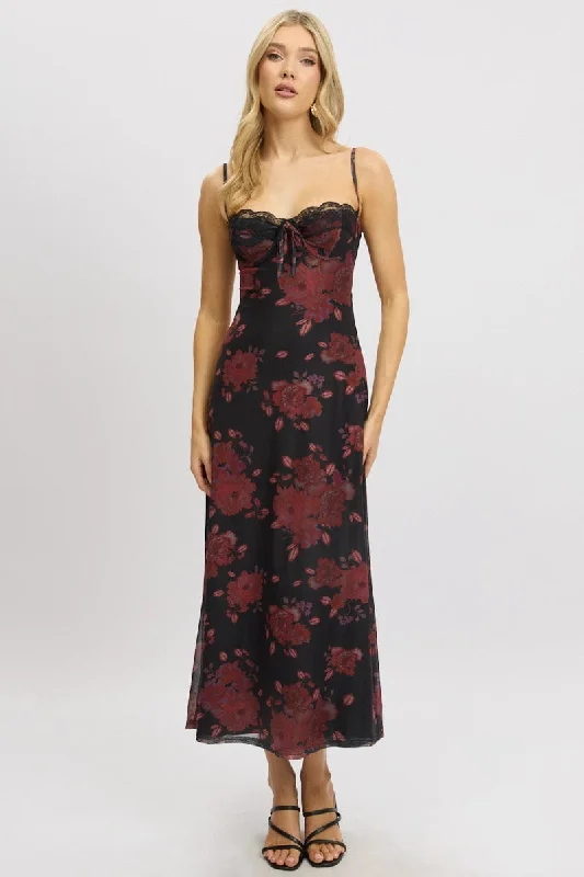 Women's Layered Outfit Break Fashion Norms Black Floral Maxi Dress Back Tie Mesh