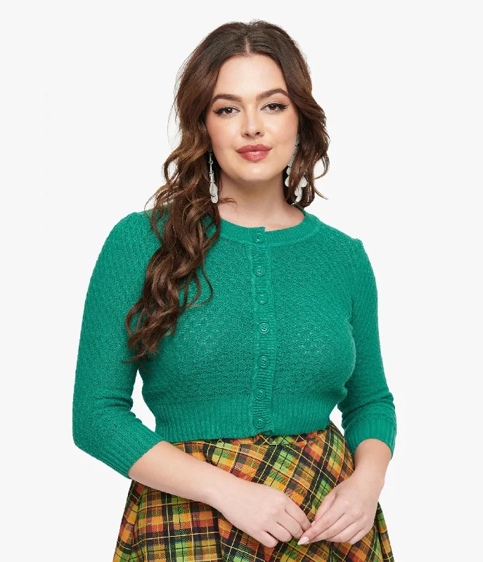 Online Boutiques Clothing Shop Sale Items Retro Style Kelly Green Crochet Cardigan