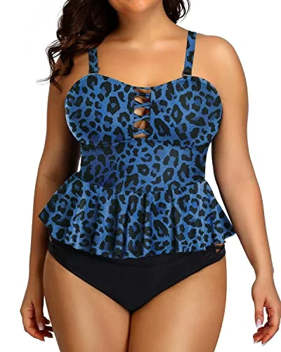 Peplum Tankini Tops Criss Cross Design For Women Plus Size Bathing Suits-Blue Lepoard