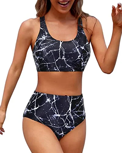 Women's Outdoor Attire Pastel Styles Sporty Women's Two Piece Bikini Sports Crop Top Swimsuit-Black Marble Women's Outdoor Attire Pastel Styles Sporty Women's Two Piece Bikini Sports Crop Top Swimsuit-Black Marble