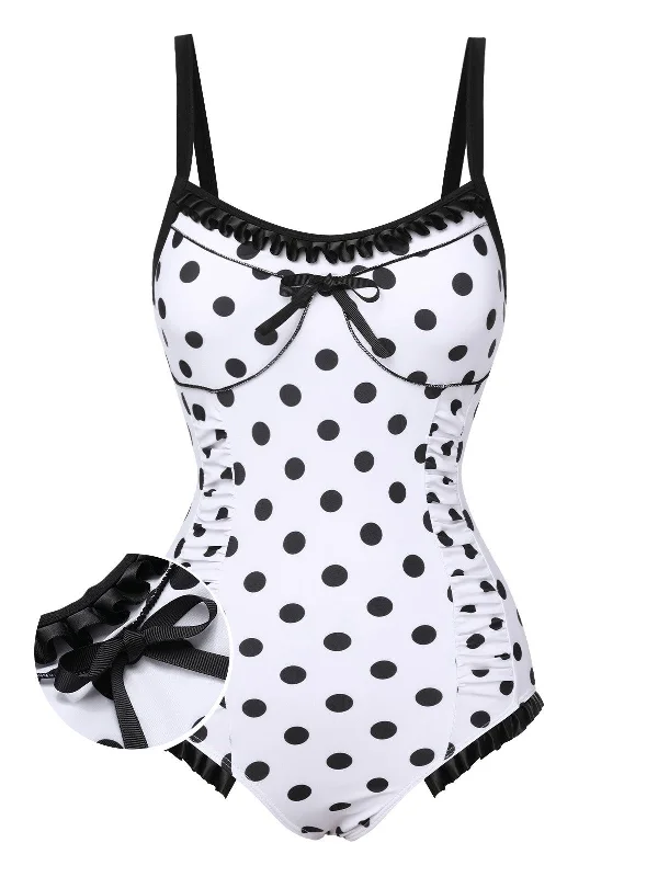 Women's Apparel Casual Chic White 1950s Polka Dots Strap Swimsuit