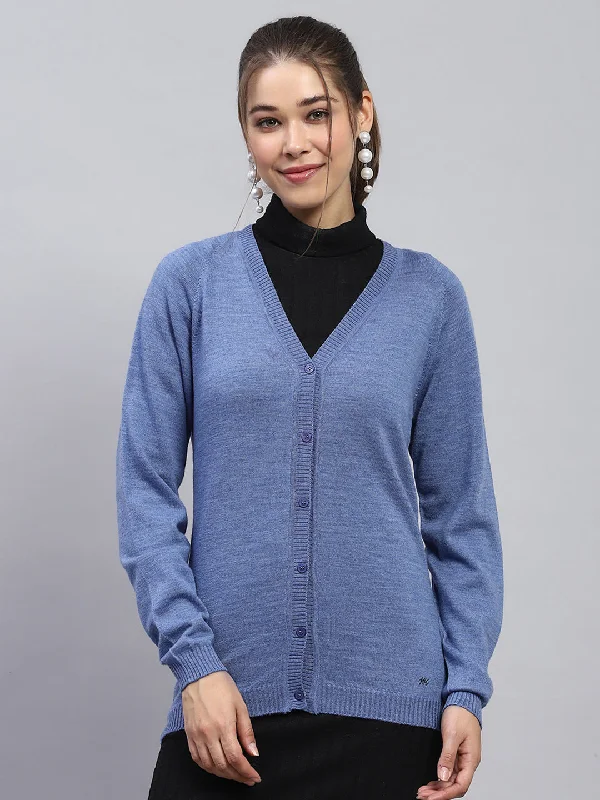 Clothes For Women Summer Fashion Women Blue Solid V Neck Full Sleeve Cardigan
