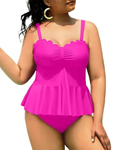 Women's Resort Attire Wardrobe Refresh Two Piece Peplum Swimwear For Women Plus Size Scalloped Swimsuits-Neon Pink