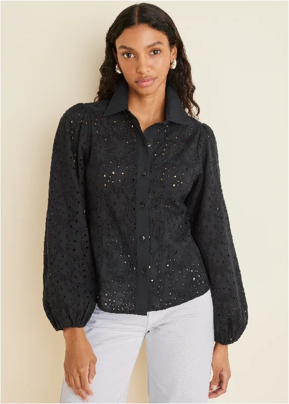 Women's Seasonal Apparel Everyday Fashion Paisley Eyelet Blouse - Black