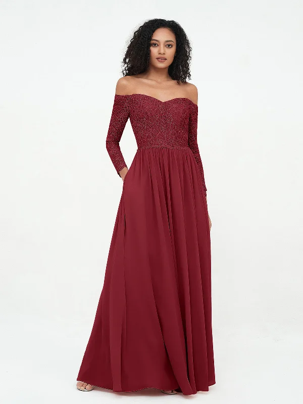 Boutique Styles Dreamy Draping Off Shoulder Lace Top Long Sleeves Dresses-Burgundy Boutique Styles Dreamy Draping Off Shoulder Lace Top Long Sleeves Dresses-Burgundy