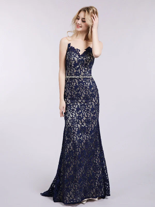 Stylish Women's Outfit Trendy Women's Collection Mermaid Lace Dress with Illusion Neck-Dark Navy Stylish Women's Outfit Trendy Women's Collection Mermaid Lace Dress with Illusion Neck-Dark Navy