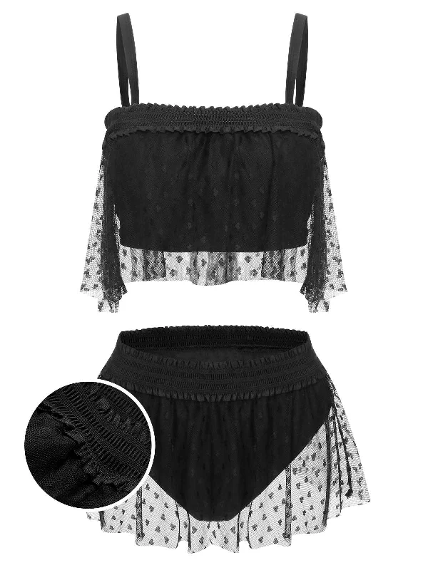 Vibrant Femme Fashion Playful Elegance [Plus Size] Black 1950s Strap Mesh Swimsuit