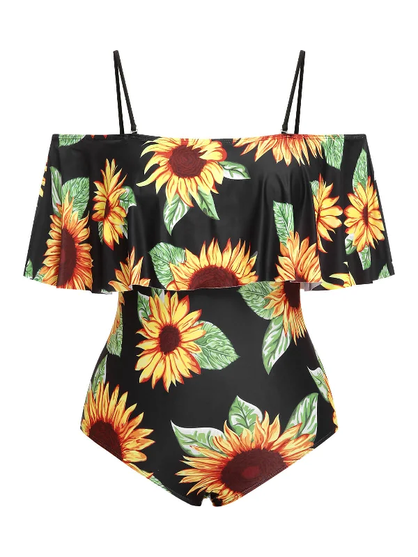 Big Savings Luxe Layering [Plus Size] Black 1940s Sunflower Cold-Shoulder Swimsuit
