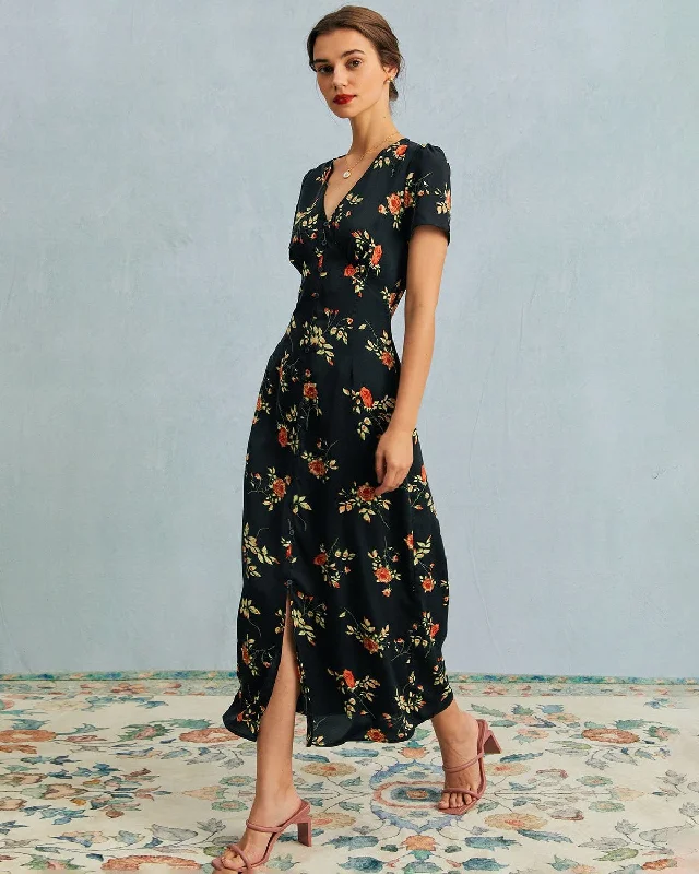 Summer Sale Wardrobe Refresh The Black V Neck Floral Short Sleeve Maxi Dress
