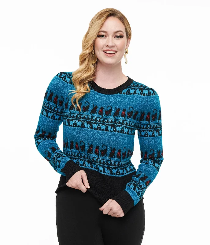Holiday Discount Final Sale Unique Vintage 1950s Teal Snowflakes & Cats Sweater