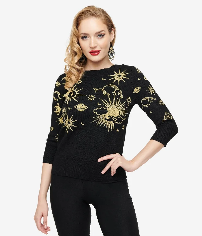 Bold and Elegant Women's Fashion Limited Stock, Big Sale Unique Vintage 1950s Black & Gold Celestial Minou Sweater Bold and Elegant Women's Fashion Limited Stock, Big Sale Unique Vintage 1950s Black & Gold Celestial Minou Sweater