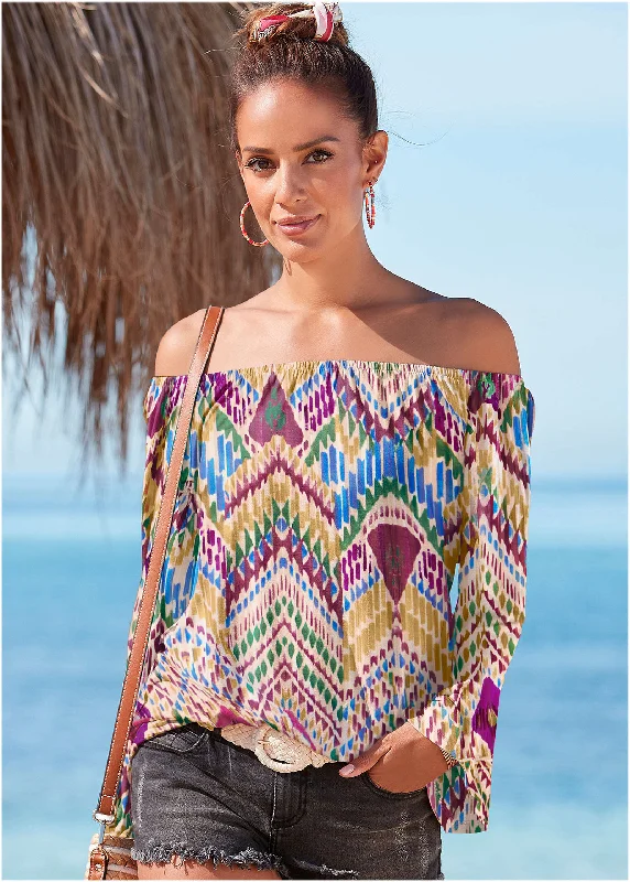 Affordable Women's Apparel Sophisticated Fashion Bell Sleeve Printed Top - White Multi Affordable Women's Apparel Sophisticated Fashion Bell Sleeve Printed Top - White Multi