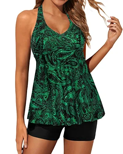 Women's Fashionable Attire For Work Fashion Forward Outfits Women's Strapless Tankini Swimsuit Adjustable Self-Tie And Open Back Detail-Green Paisley