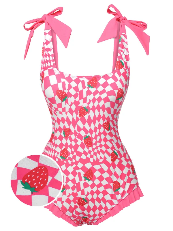 Outfits For Girls Save Big Pink 1960s Strawberry Plaid One-Piece Swimsuit