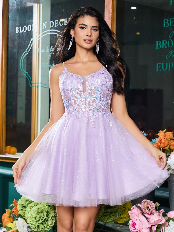 Women's Vintage-Inspired Outfit Quality Driven Apparel Spaghetti Straps Applique Tulle A-line Mini Dress Lilac Women's Vintage-Inspired Outfit Quality Driven Apparel Spaghetti Straps Applique Tulle A-line Mini Dress Lilac