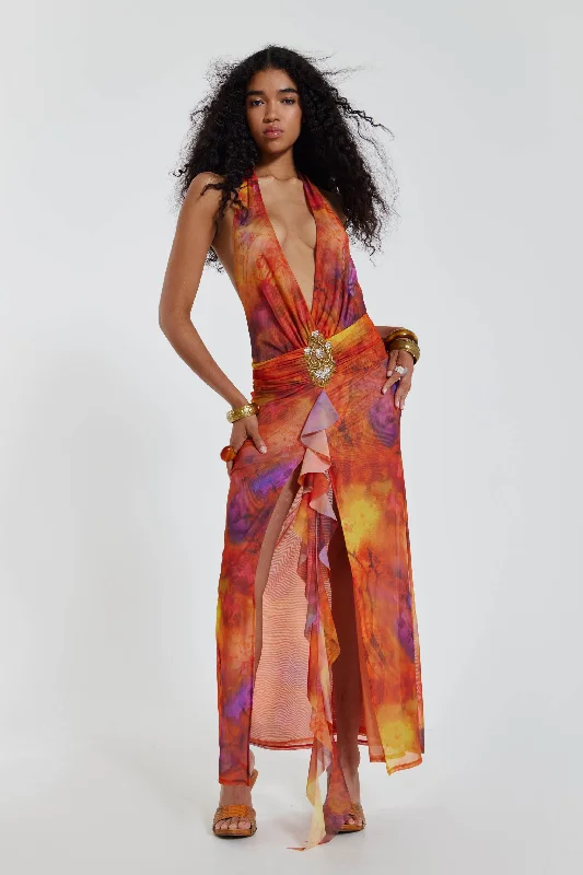 Women's Urban Fashion Parisian Effortless Chic Style Cindy Plunge Maxi Dress In Orange Women's Urban Fashion Parisian Effortless Chic Style Cindy Plunge Maxi Dress In Orange