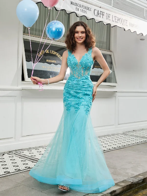 Big Sale Event First Order Discount V-neck Appliqued Sheer Corset Mermaid Dress Spa