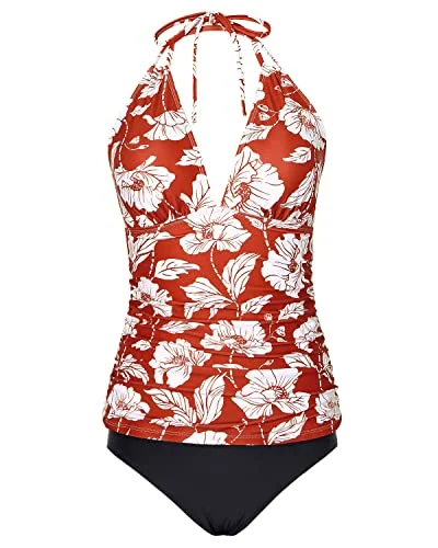 Stylish Women's Outfit Trendy Women's Collection Tummy Control Halter Tankini Swimsuits Bikini Bottom For Women-Red Floral