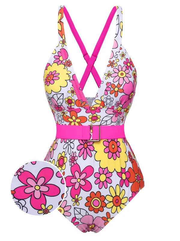 Luxe Women's Fashion Last Chance Sale 1960s Flowers Back-Cross Strap Belt Swimsuit