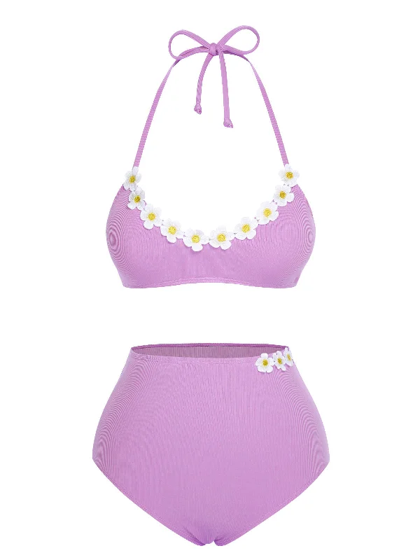 Everyday Fashion Today Only Purple 1960s Halter Knit Daisy Swimsuit