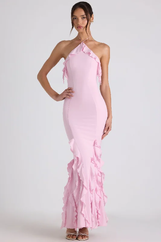 Women's Elegant Evening Attire Elevate Your Wardrobe Ruffle-Trim Halterneck Gown in Soft Pink Women's Elegant Evening Attire Elevate Your Wardrobe Ruffle-Trim Halterneck Gown in Soft Pink