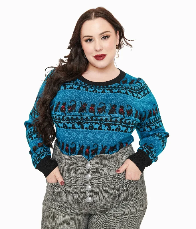 Flash Discount Attire Sale Unique Vintage Plus Size 1950s Teal Snowflakes & Cats Sweater Flash Discount Attire Sale Unique Vintage Plus Size 1950s Teal Snowflakes & Cats Sweater