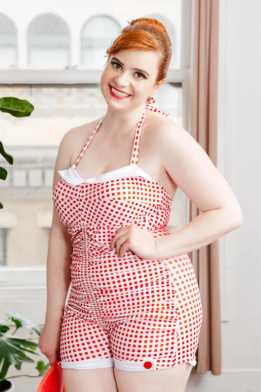 Relaxed Style Ethnic Cultural Event Wear [Plus Size] Gingham 1950s Halter Bowknot One-piece Swimsuit