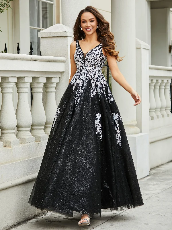 Casual Apparel For Women Imeless Style Plunging V-Neck Open Back Tulle Gown Black