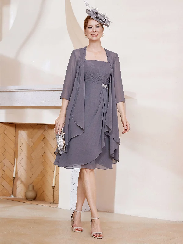 Sale For Women Find Your Unique Flair A-Line Chiffon Knee-length Dress With Jacket Steel Grey Sale For Women Find Your Unique Flair A-Line Chiffon Knee-length Dress With Jacket Steel Grey