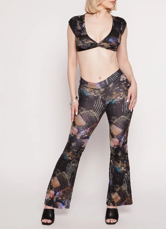 Clothes Sales High End Designer Brands Discount Patchwork Print High Waist Flare Pants