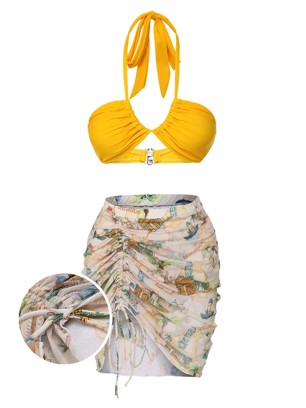 Women's Festive Attire Fashion For Every Occasion 2PCS Yellow 1970s Retro Architectural Pattern Swimsuit & Cover-Up Women's Festive Attire Fashion For Every Occasion 2PCS Yellow 1970s Retro Architectural Pattern Swimsuit & Cover-Up