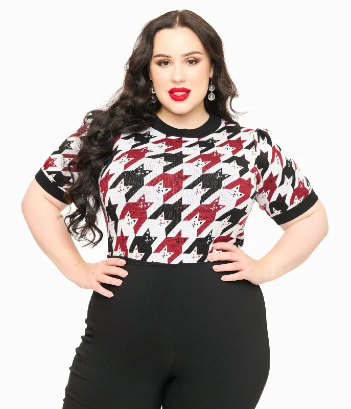 Fashionable Tops for Women Insane Discount Onslaught Unique Vintage Plus Size Burgundy & Black Cat Houndstooth Paige Sweater Fashionable Tops for Women Insane Discount Onslaught Unique Vintage Plus Size Burgundy & Black Cat Houndstooth Paige Sweater