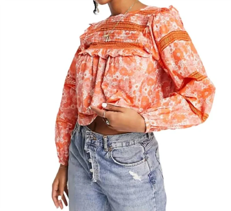 Women's Casual Outfit Trend Forward Threads For Her Victoriana Balloon Sleeve Blouse In Orange Women's Casual Outfit Trend Forward Threads For Her Victoriana Balloon Sleeve Blouse In Orange