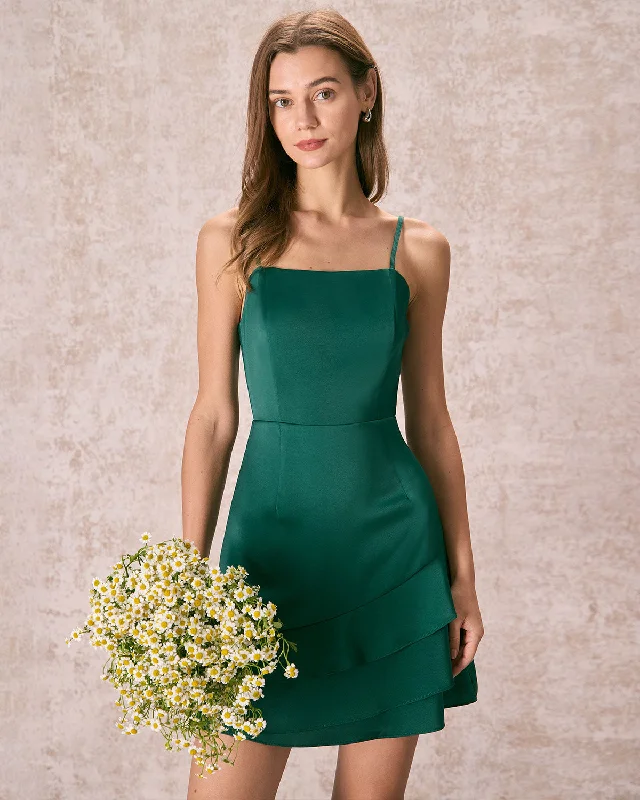 Women's Trendy Outfit Chic Style, Always In Vogue The Green Satin Ruffle Hem Slip Mini Dress Women's Trendy Outfit Chic Style, Always In Vogue The Green Satin Ruffle Hem Slip Mini Dress
