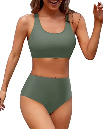 Casual Apparel For Women Imeless Style Sporty Women's High Waisted Two Piece Bikini Sports Crop Top Swimsuit-Army Green Casual Apparel For Women Imeless Style Sporty Women's High Waisted Two Piece Bikini Sports Crop Top Swimsuit-Army Green