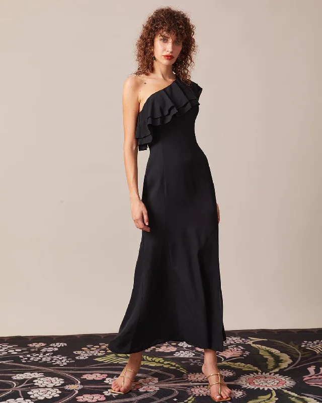 Women's Casual Outfit Trend Forward Threads For Her The Black One Shoulder Flounce Maxi Dress Women's Casual Outfit Trend Forward Threads For Her The Black One Shoulder Flounce Maxi Dress