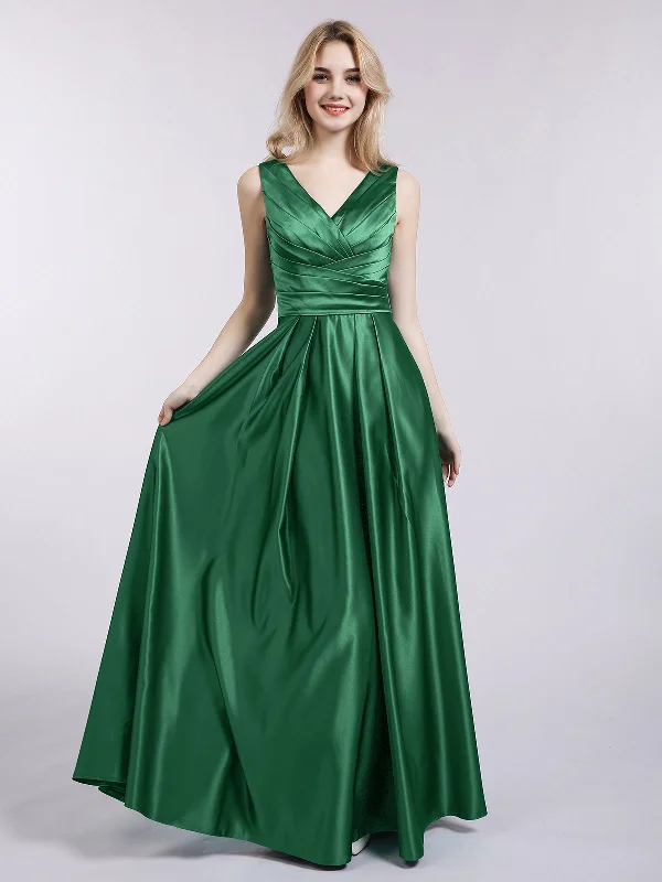 Summer Sale Wardrobe Refresh Open Back Long Satin Gown with V-neck-Dark Green