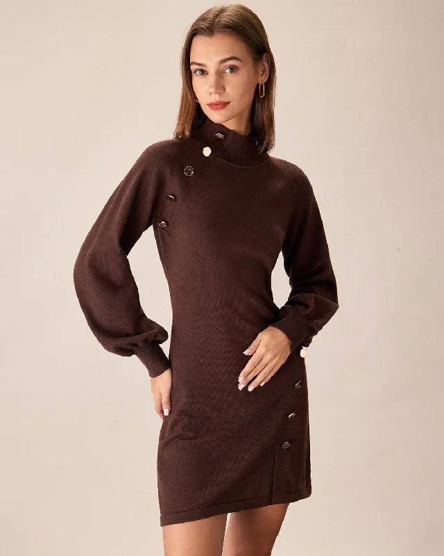Women's Active Outfit For Fitness Premium Quality Garments Brown Mock Neck Button Sweater Dress Women's Active Outfit For Fitness Premium Quality Garments Brown Mock Neck Button Sweater Dress