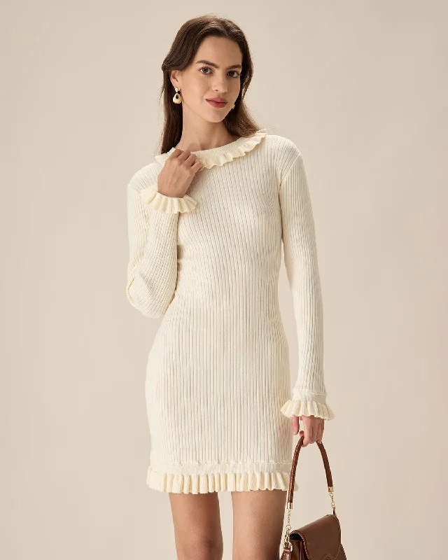 Chic Women's Attire Elegant Style White Bodycon Sweater Mini Dress