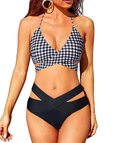 Premium Style Rustic Countryside Charm Look Triangle Wrap Bandage Bikini Set With High Waisted Bottoms For Women-Black And White Checkered Premium Style Rustic Countryside Charm Look Triangle Wrap Bandage Bikini Set With High Waisted Bottoms For Women-Black And White Checkered