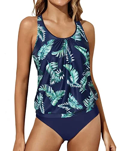 Athletic Tankini Bathing Suits Tank Tops Bottoms Blouson Swimwear For Women-Blue Leaves