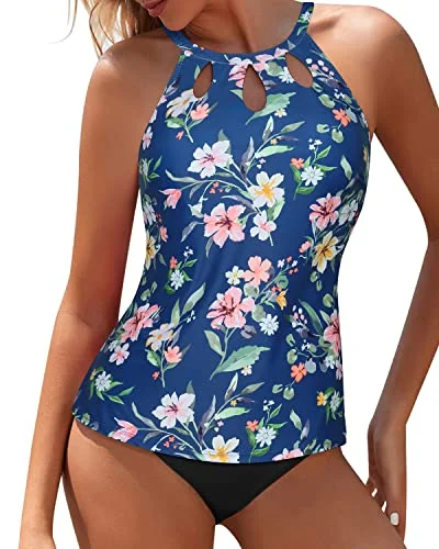 Current Trends Flash Sale Tummy Control & Modest Coverage Two Piece Tankini Bathing Suit-Blue Flower