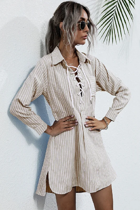 Limited Time Offer Elegant Style Lace Up Collar Shirt Dress